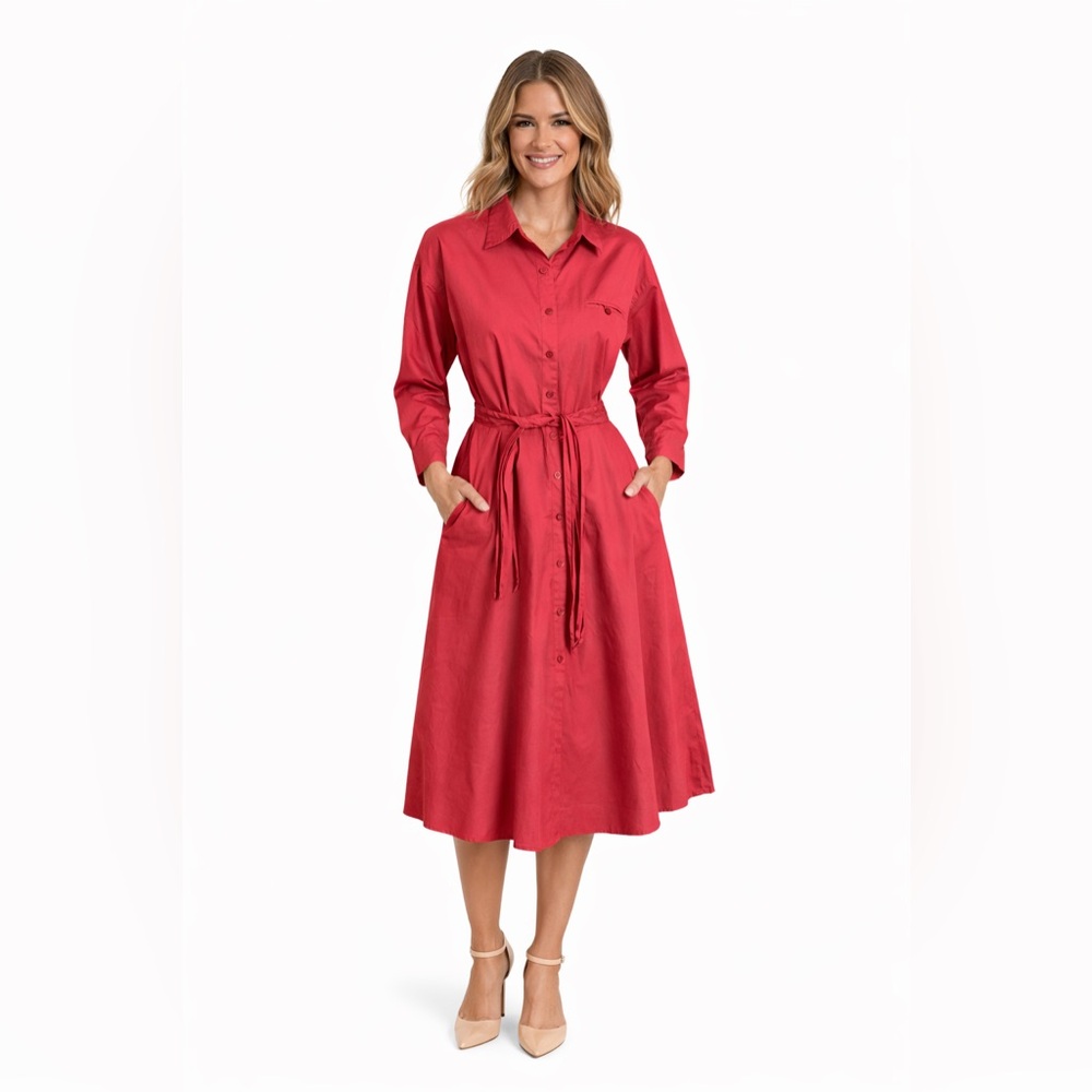 Vintage 1980s Button-Front Shirt Dress Midi | Tie Waist Long Sleeve